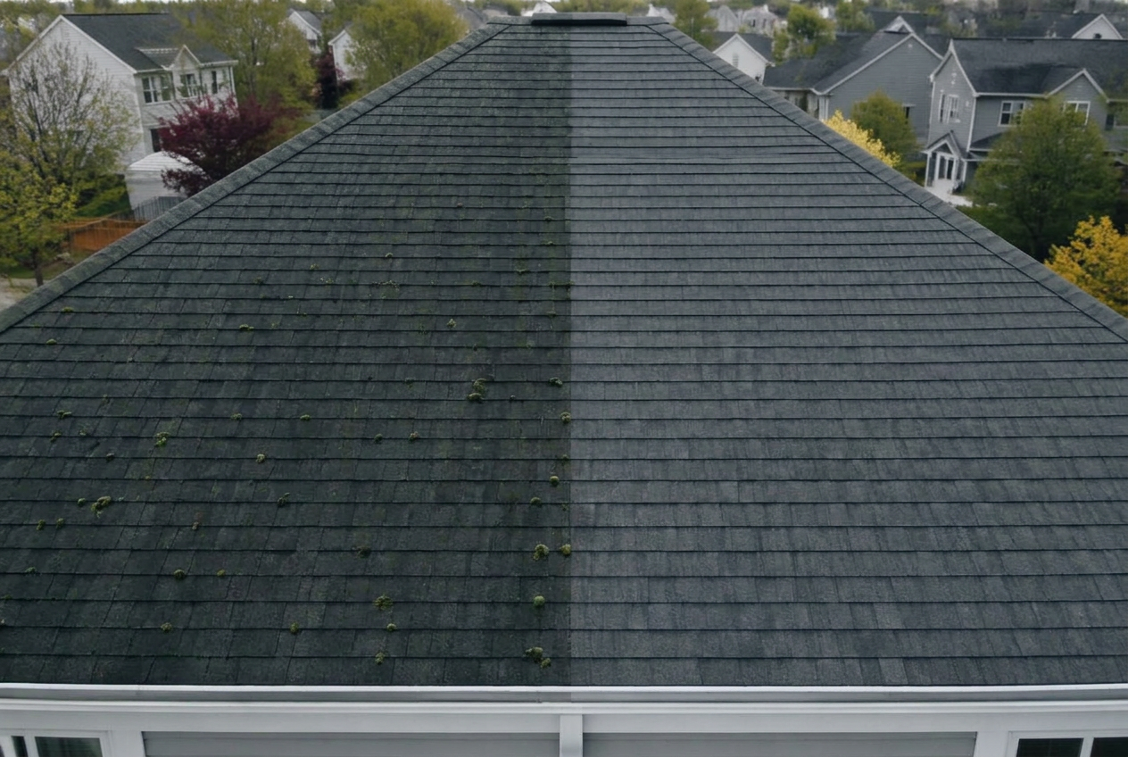 Aerial view of a partially cleaned roof showing dramatic difference
